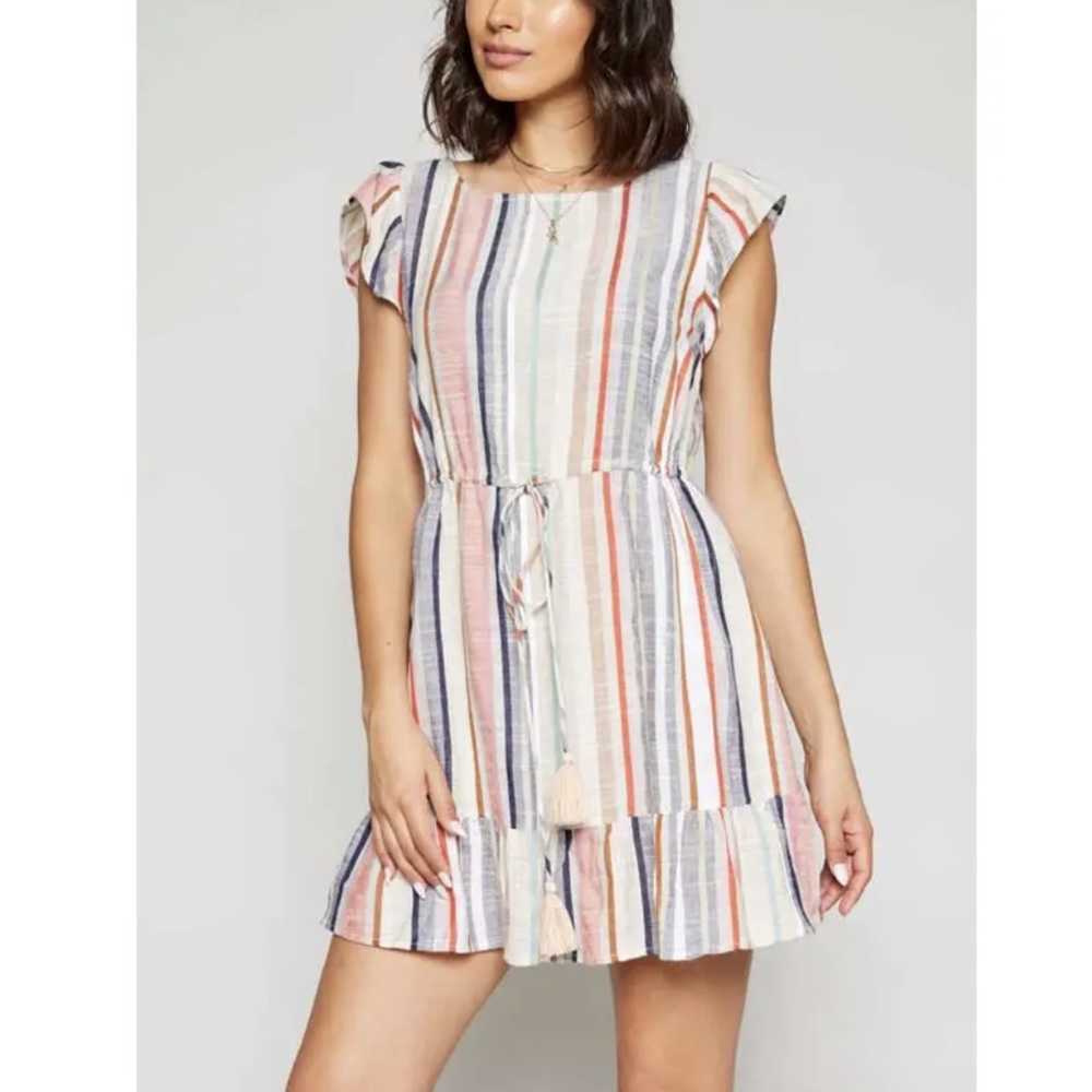 Striped ruffle drawstring waist mini dress